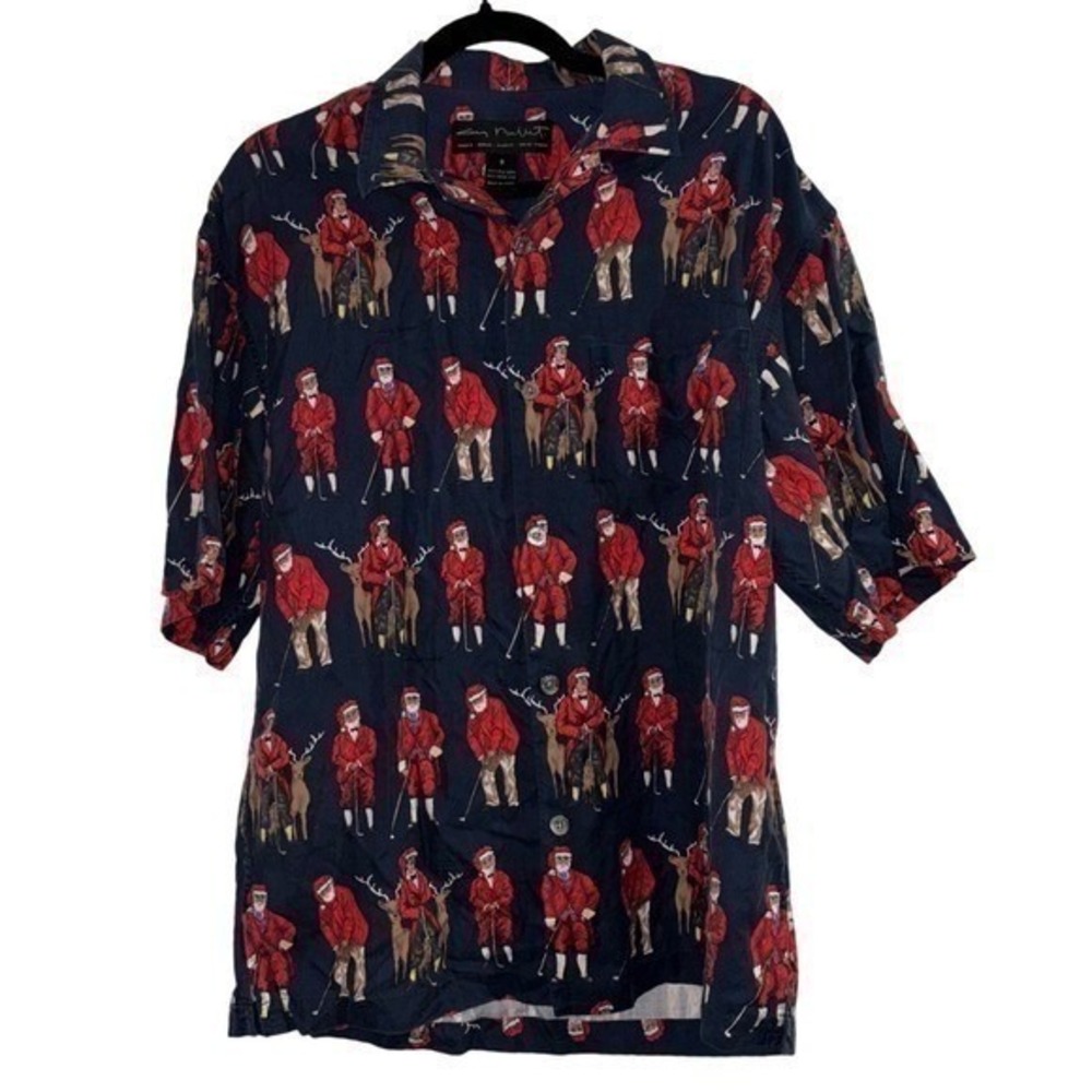 Vintage Guy Buffet Silk Christmas Shirt Mens Small S Golfing Santa Hawaiian Art